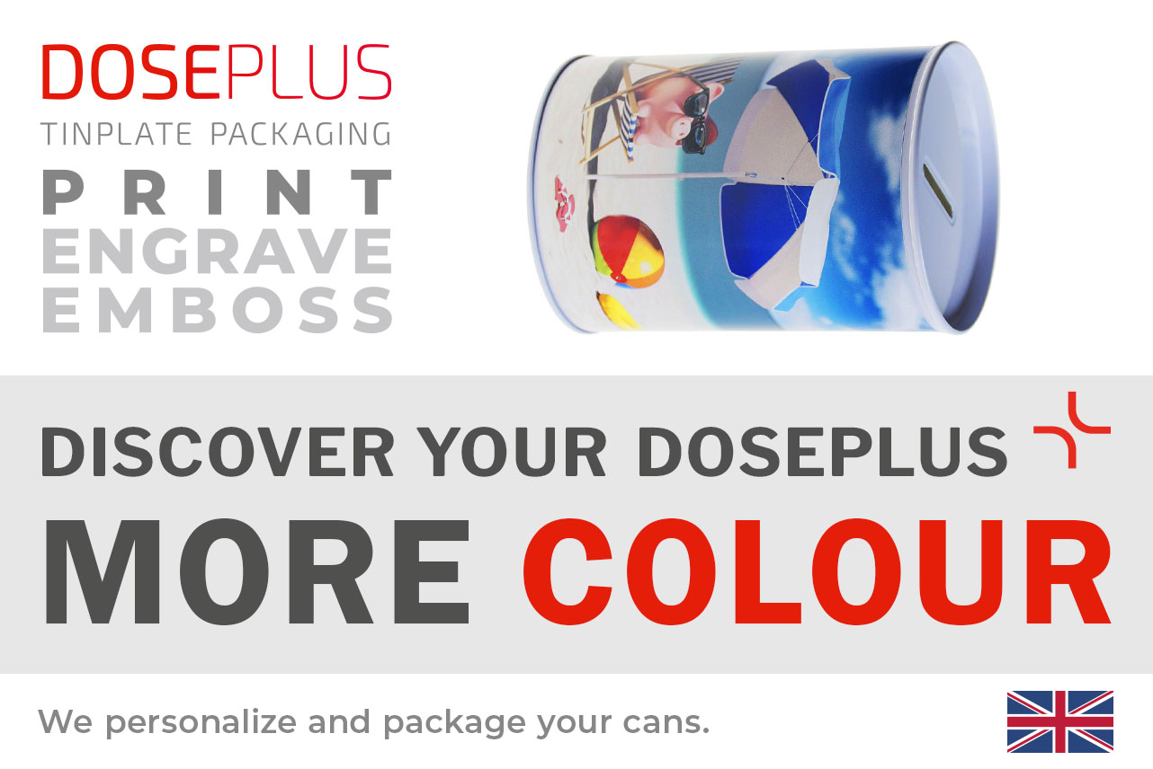 Doseplus round metal money tin with colorful beach design featuring sun umbrella, ball and blue sky. Text: “Emboss, laser, print – Discover your Doseplus, more color joy.”