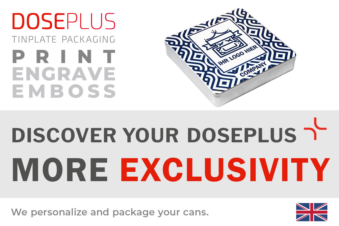 Doseplus square chocolate tin – banner text: Discover your Doseplus, more exclusivity. Premium metal packaging with embossing, engraving, and printing for elegant branding.