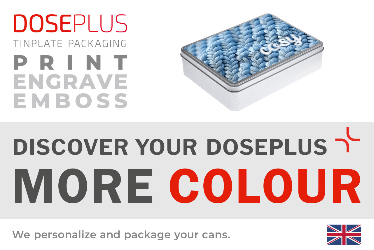 Doseplus rectangular metal tin – banner text: Discover your Doseplus, more colour. Premium tin with colourful printing, engraving, and embossing for custom brand presentation.