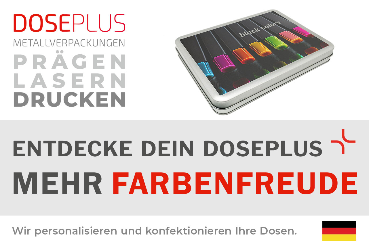Doseplus rechteckige silberne Metalldose mit farbenfrohem Druck und Motiv bunter Stifte auf schwarzem Hintergrund. Text: „Metallverpackungen prägen, lasern, drucken – Entdecke dein Doseplus, mehr Farbenfreude“.