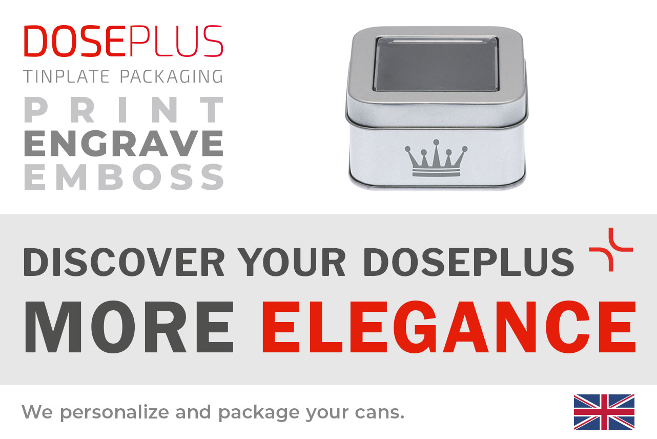 Doseplus square metal tin – banner text: Discover your Doseplus, more elegance. Premium metal box with engraving, embossing, and printing for refined branding.