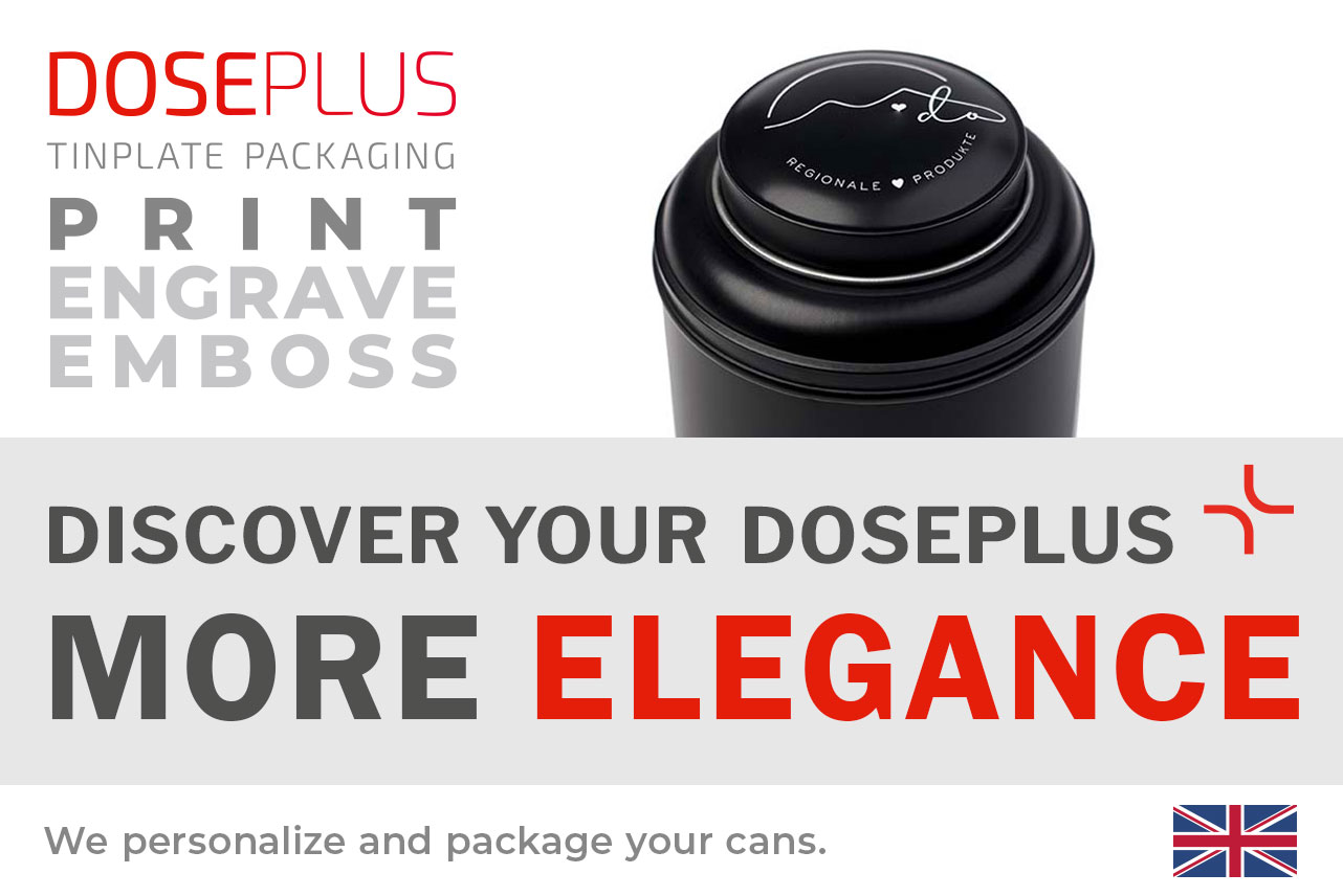 Alt text: Doseplus black metal tin with elegant white lid design featuring a fine line graphic and the text “Regional Products.” Text: “Emboss, laser, print – Discover your Doseplus, more elegance.”