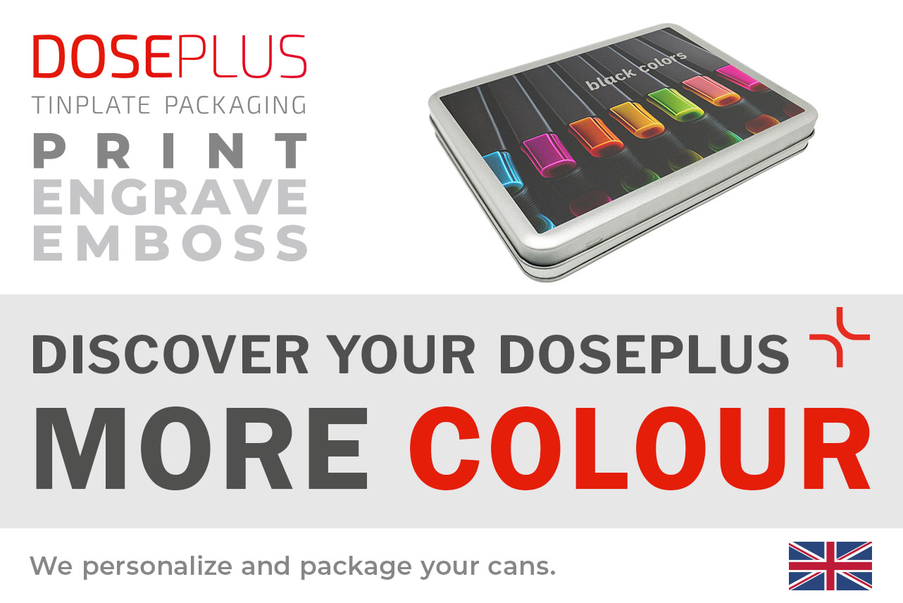 Doseplus rectangular silver metal tin with colorful print showing vibrant pens on a black background. Text: “Emboss, laser, print – Discover your Doseplus, more color.”