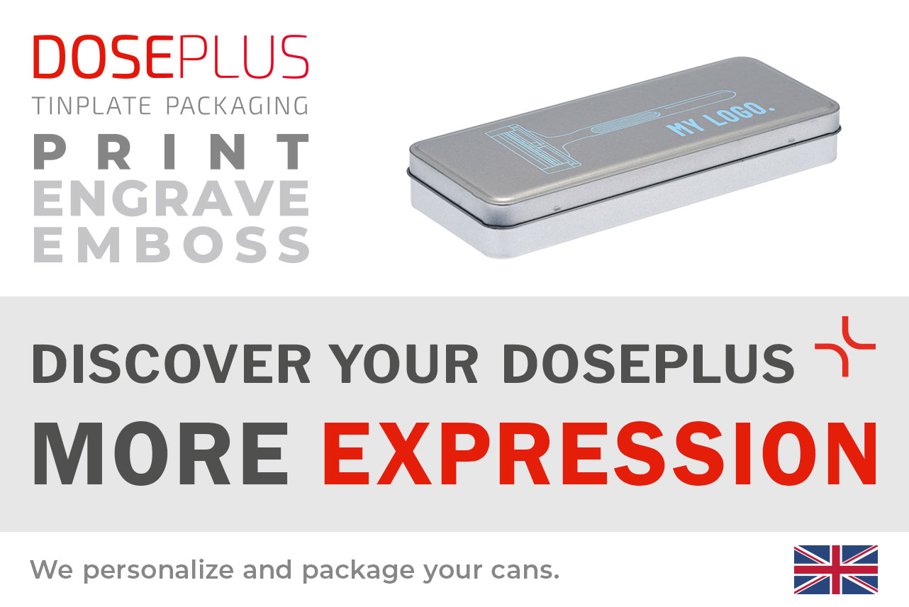 Doseplus silver rectangular metal tin with light blue print of a razor and the text “MY LOGO.” Text: “Emboss, laser, print – Discover your Doseplus, more expression.”