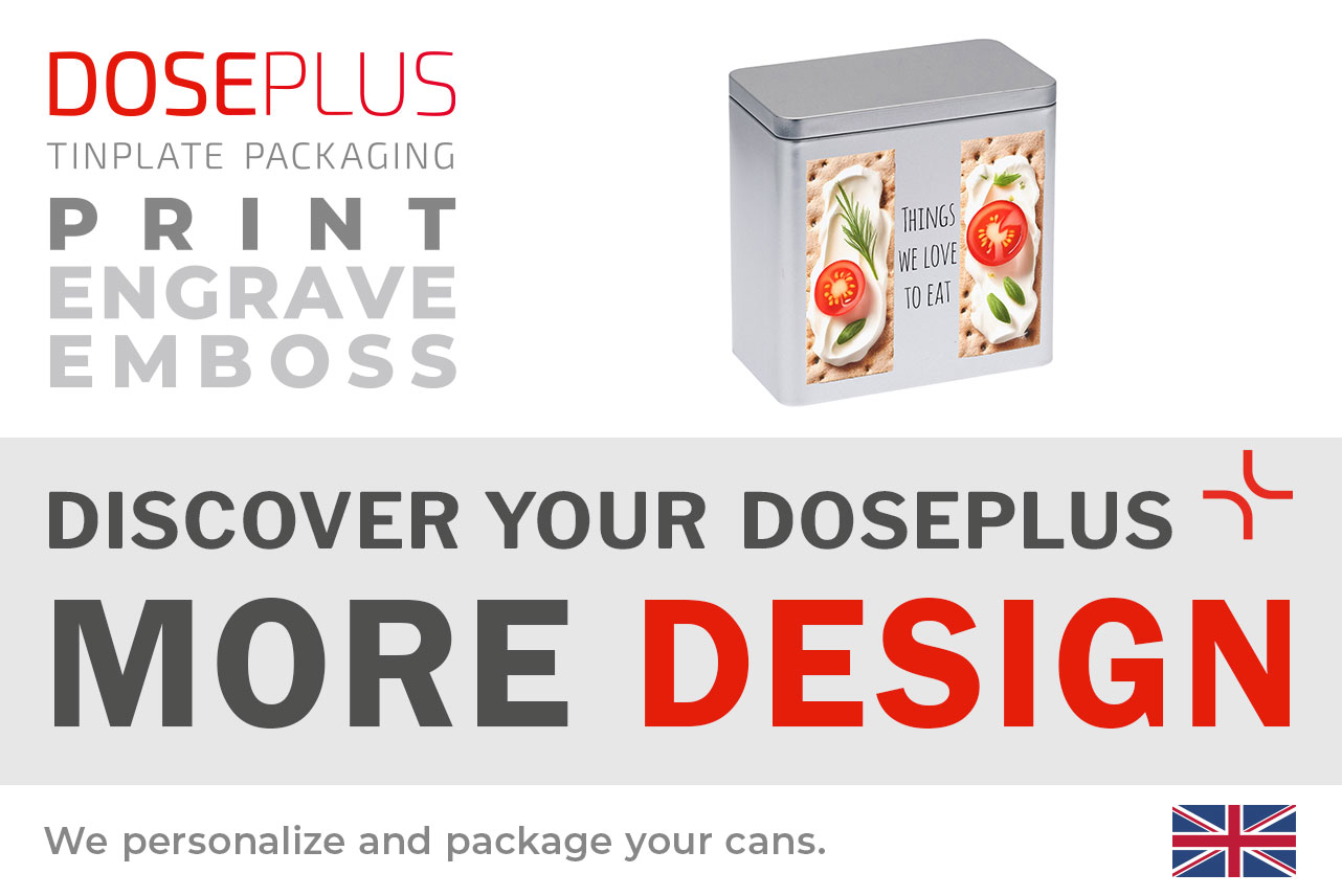 Rectangular metal crispbread tin DSE 10.20 – Banner: Discover your Doseplus – More Design. Premium storage tin perfect for customised branding and creative design.
