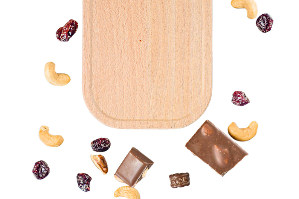 Top view Rectangular beech wood lid with dried fruit and nuts – sustainable replacement part for lunch box