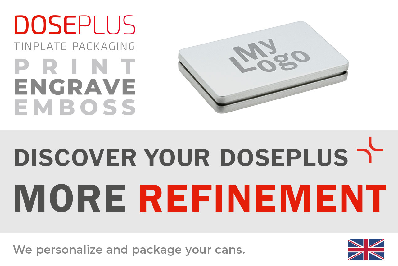 Doseplus DSE 001 metal business card tin – banner text: Discover your Doseplus, more refinement. Elegant rectangular silver box with engraved lid for premium branding.