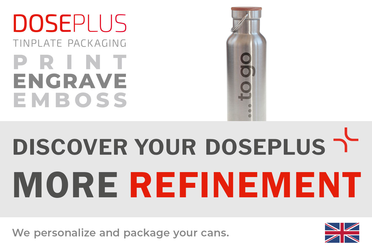 Doseplus stainless-steel bottle TFL 030 with beechwood lid – Banner: “Discover your Doseplus – More Refinement”. Premium bottle for custom printing, engraving and embossing.