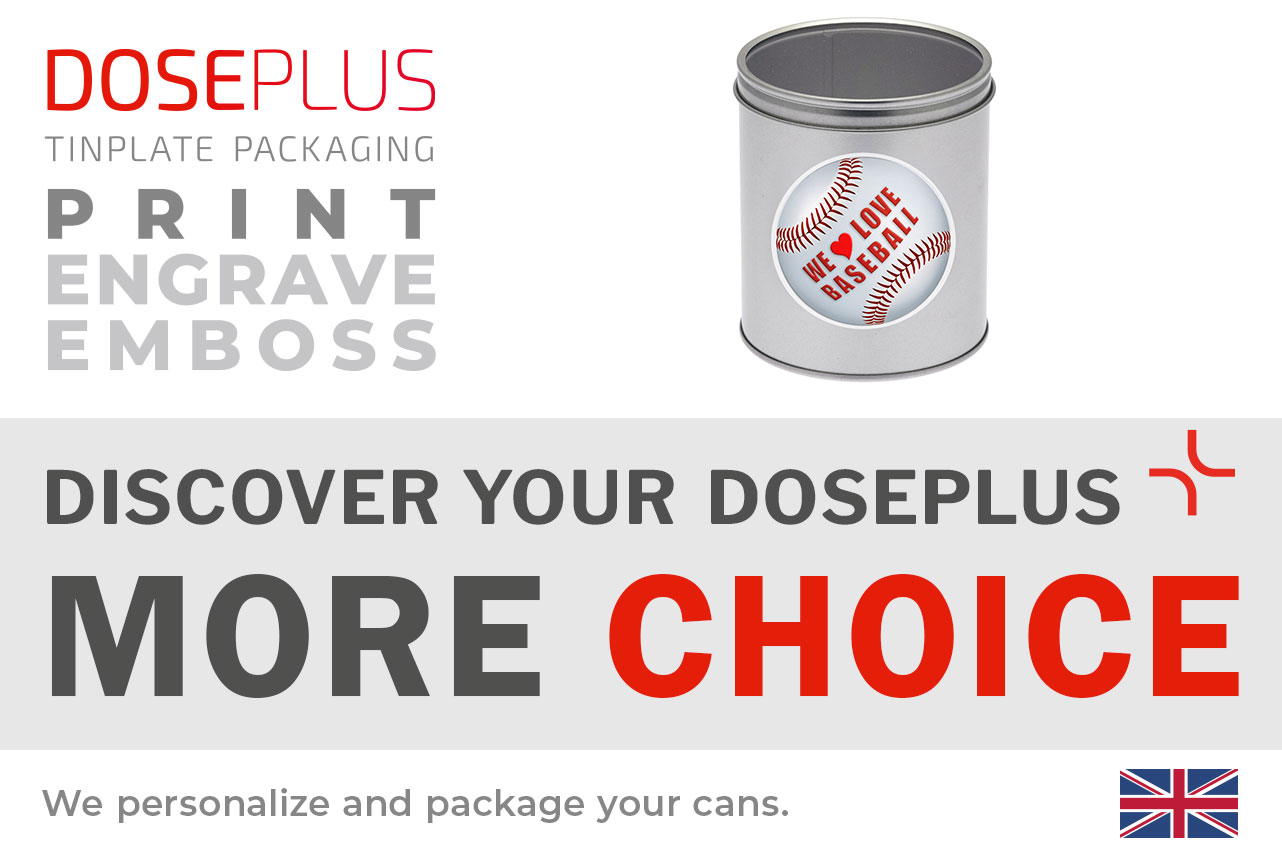 Doseplus round metal storage tin – banner text: Discover your Doseplus, more choice. Premium tin with custom label printing for unique branding and product packaging.