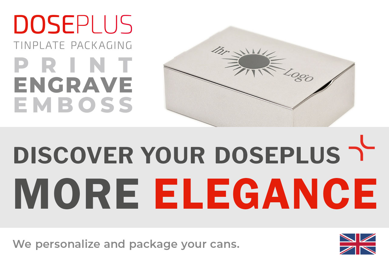 Doseplus silver rectangular metal tin with laser engraving of a sun symbol and the text “Ihr Logo.” Text: “Emboss, laser, print – Discover your Doseplus, more elegance.”