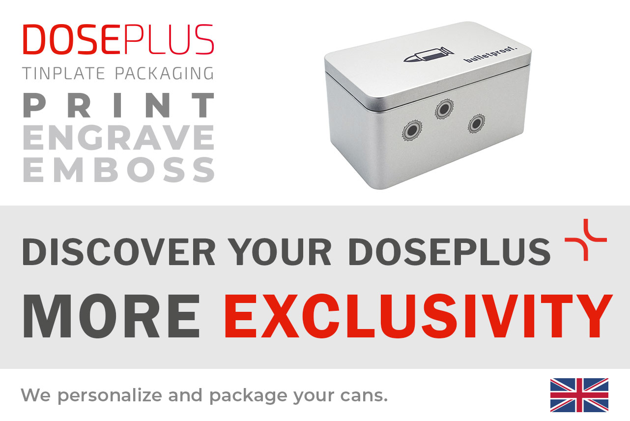 Doseplus silver rectangular metal tin with black print of a bullet and the word “bulletproof.” plus three graphic bullet holes. Text: “Emboss, laser, print – Discover your Doseplus, more exclusivity.”