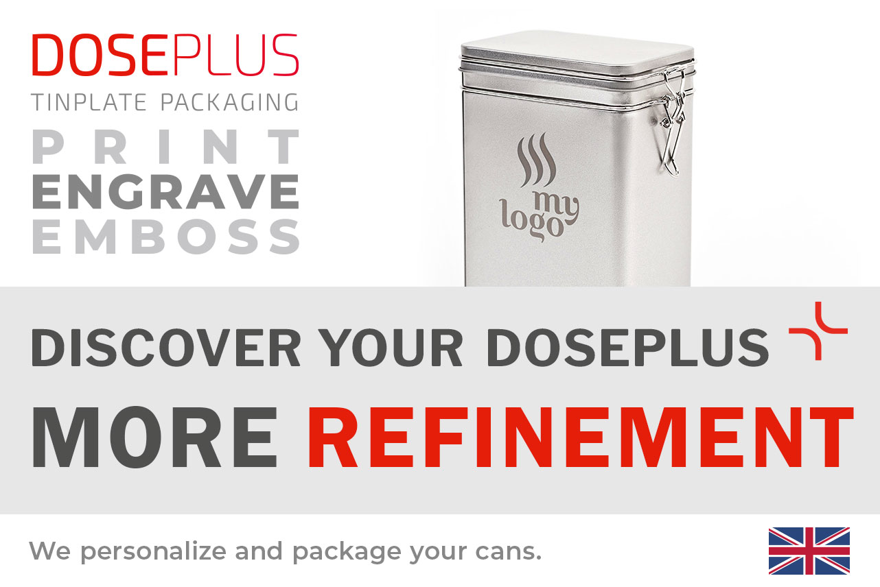 Rectangular 500g coffee tin DSA 021 by Doseplus – Banner: Discover your Doseplus – More Refinement. Premium metal container made for customised branding and finishing.