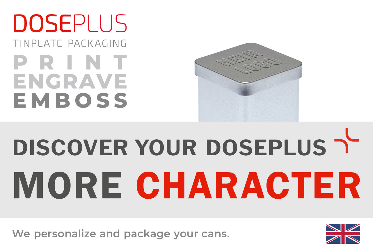 Doseplus square silver metal tin with embossed “Mein Logo” lettering on the lid. Text: “Emboss, laser, print – Discover your Doseplus, more profile.”