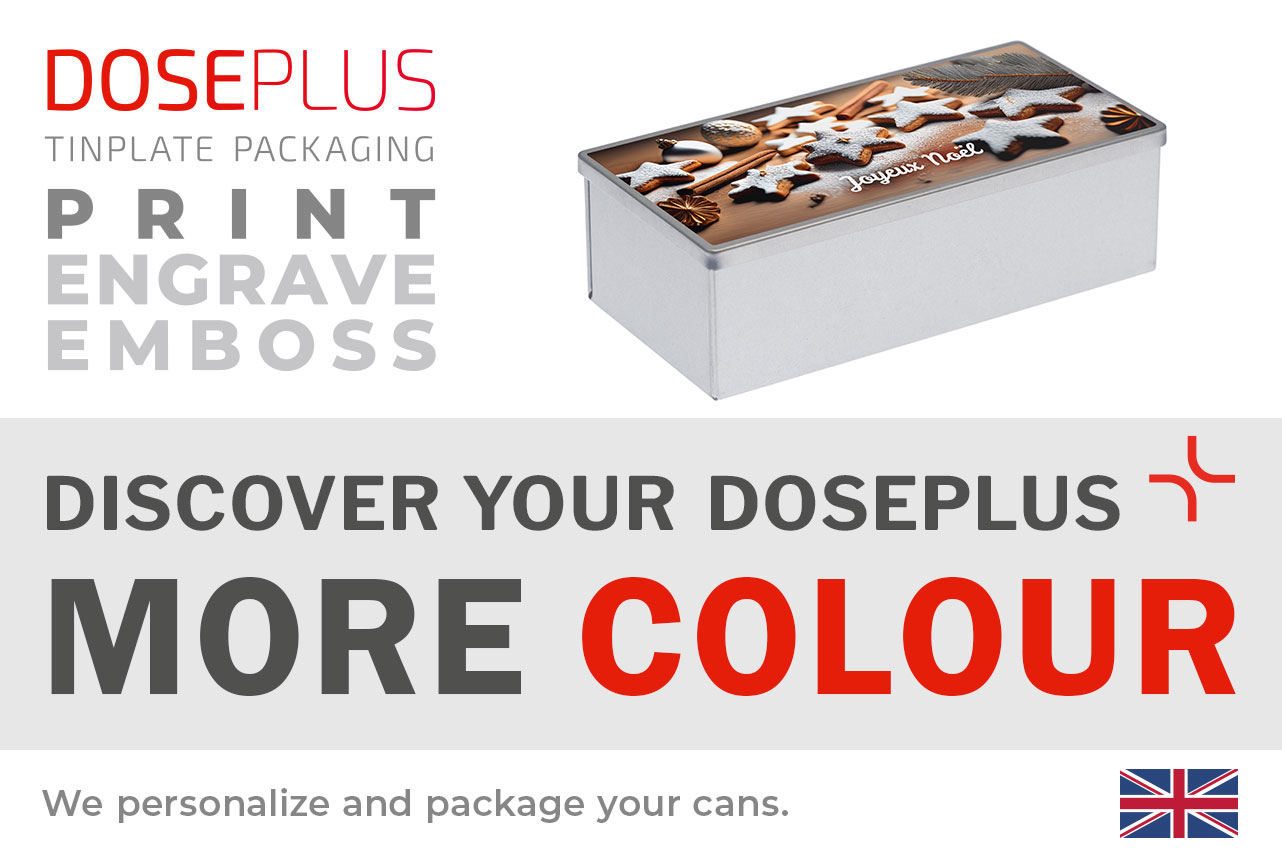Doseplus rectangular metal tin – banner text: Discover your Doseplus, more colour. Premium metal box with colourful printing, engraving, and embossing for unique branding.