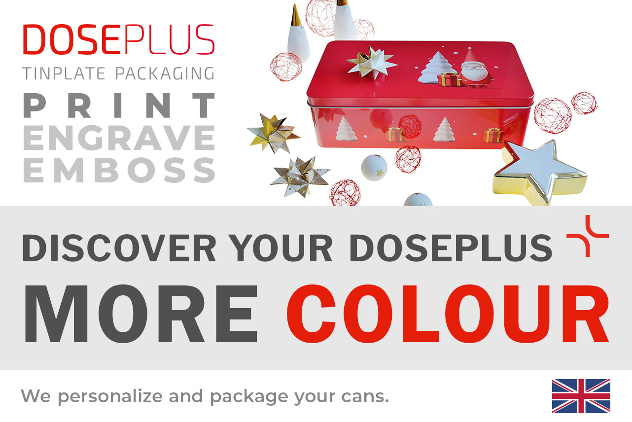 Doseplus red metal tin with Christmas design – Santa Claus, gifts and trees surrounded by gold and silver stars, red decorative balls and white ornaments. Text: “Emboss, laser, print – Discover your Doseplus, more color joy.”