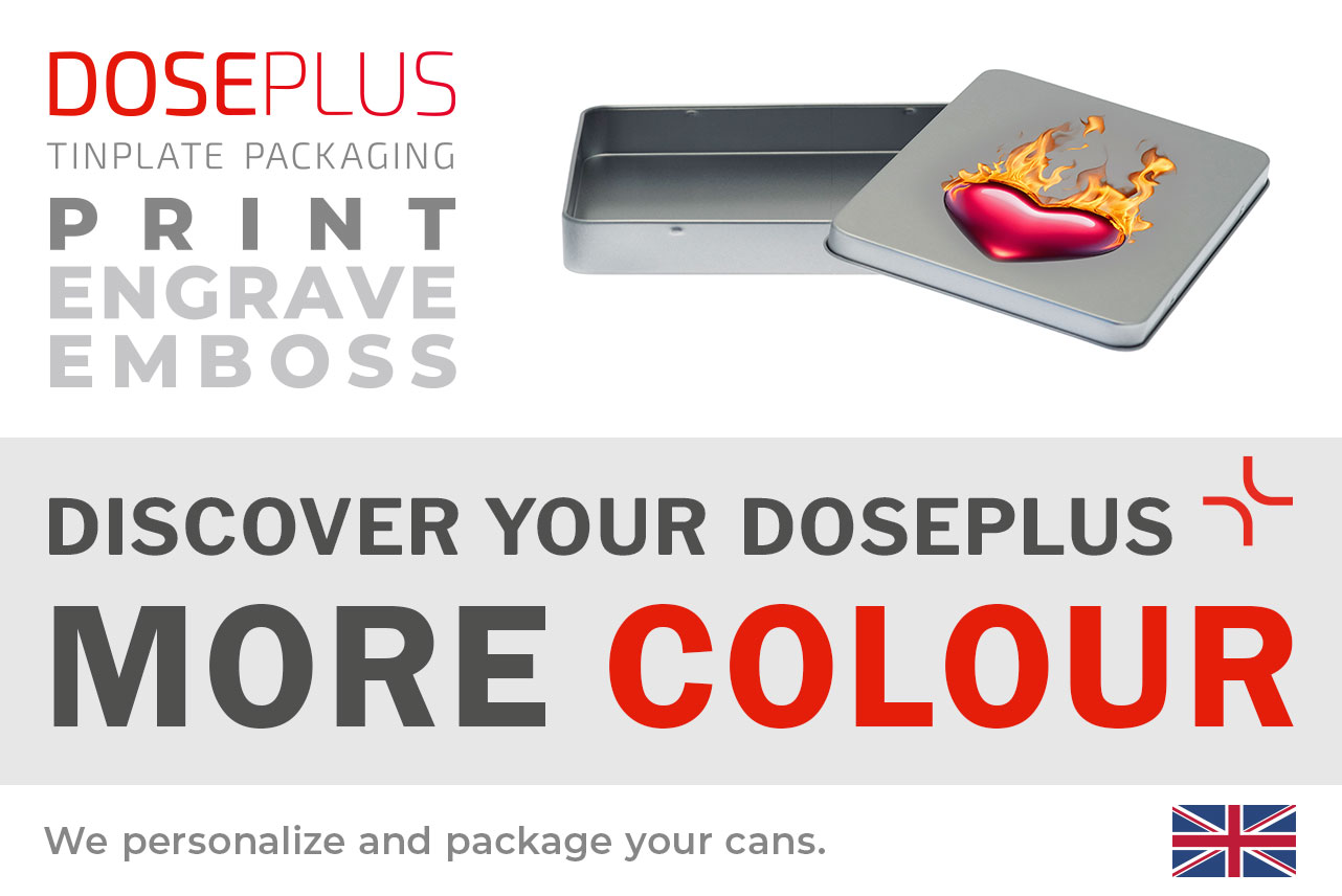 Doseplus DIN A6 Maxi metal tin – banner text: Discover your Doseplus, more colour. Rectangular metal box with full-colour printing for vibrant custom branding.