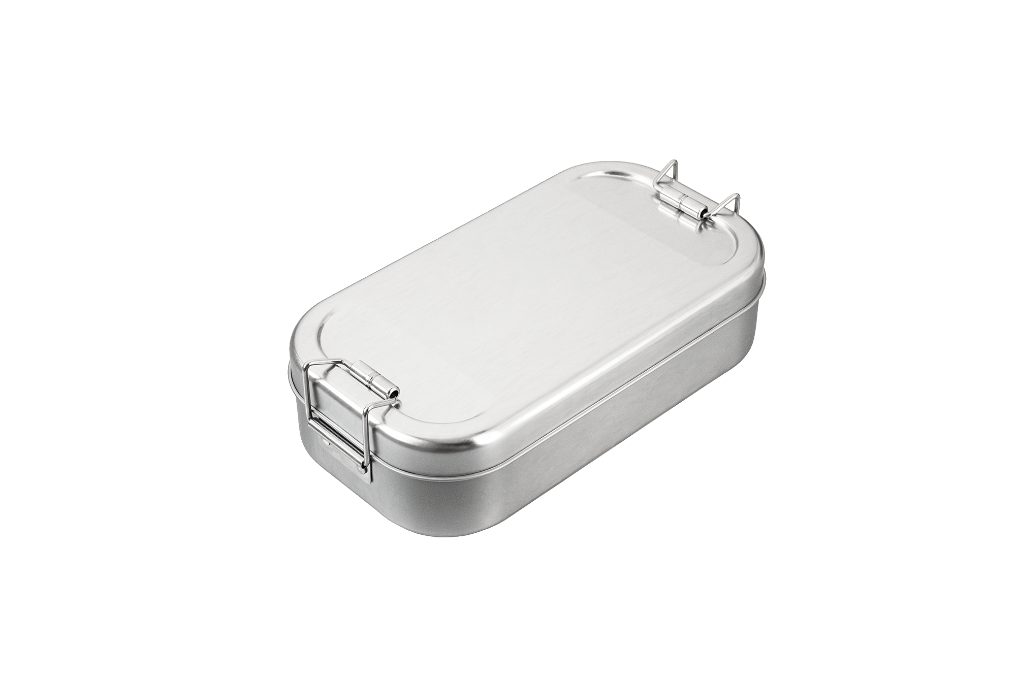 Geschlossene rechteckige Lunchbox aus silberfarbenem Edelstahl mit aufgesetztem Deckel und seitlichen Clipverschlüssen, auf weißem Hintergrund fotografiert.