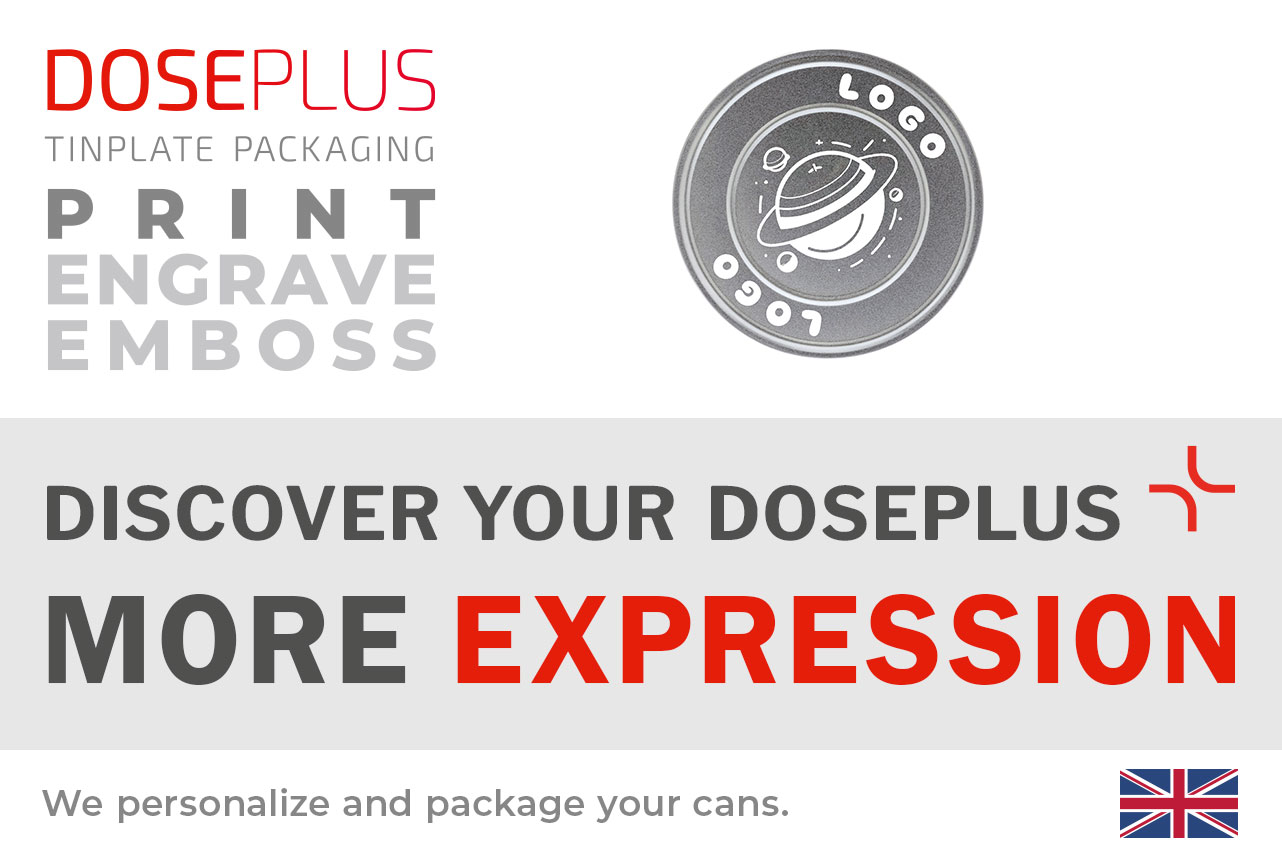 Round film tin FD 005 by Doseplus – banner reads “Discover your Doseplus – more expression.” High-quality metal packaging designed for customizable branding and premium finishing options.