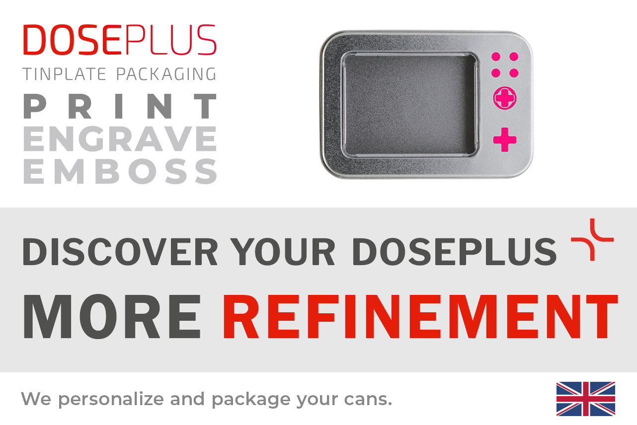 Doseplus SD card metal tin with window – banner text: Discover your Doseplus, more refinement. Premium metal case with engraving, embossing, and printing for stylish branding.