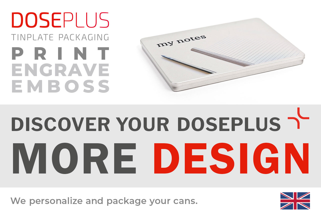 Doseplus silver DIN A5 metal tin with modern print showing a notebook, pen, and the text “my notes.” Text: “Emboss, laser, print – Discover your Doseplus, more design.”