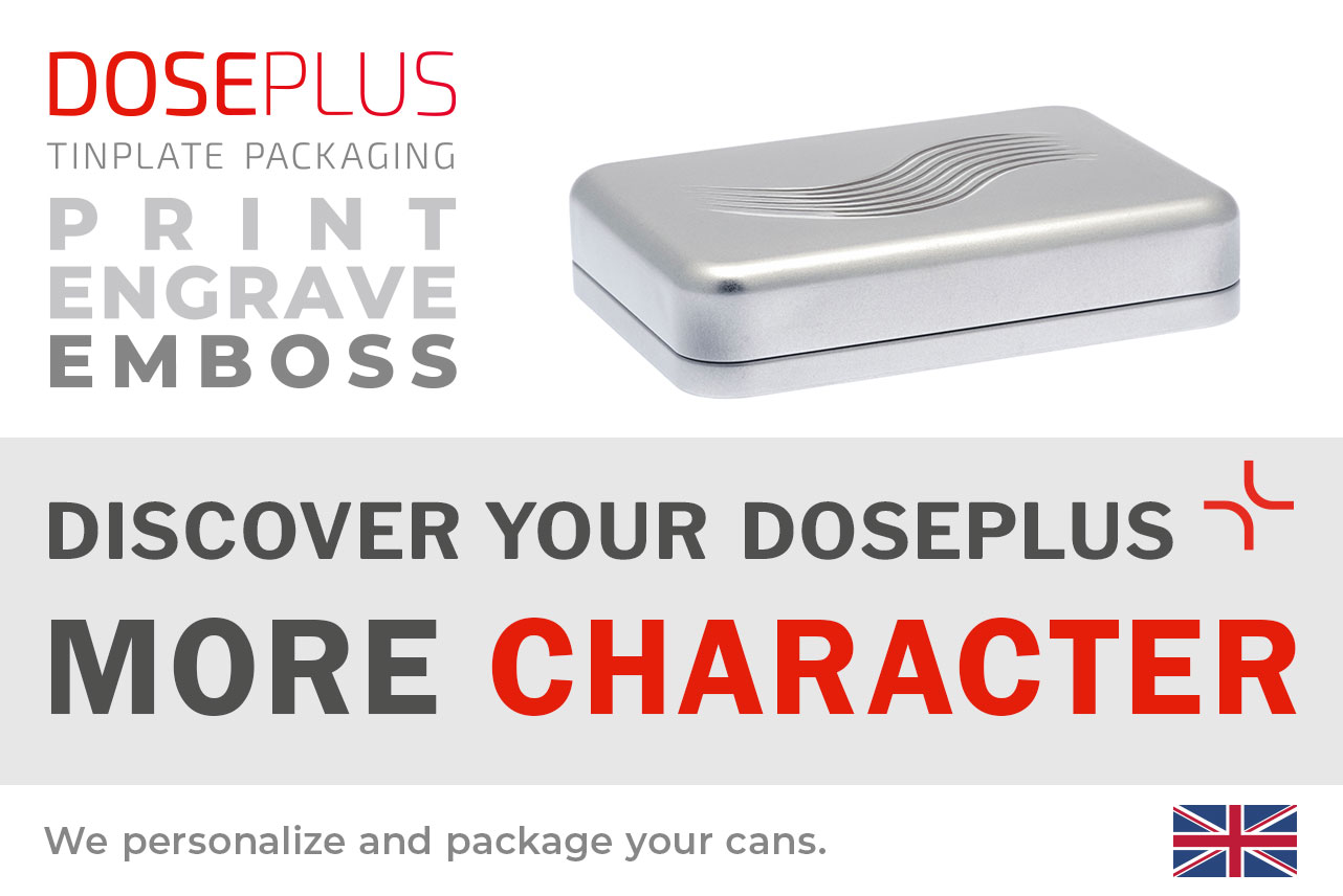 Doseplus silver rectangular metal tin with embossed wave pattern on the lid. Text: “Emboss, laser, print – Discover your Doseplus, more profile.”