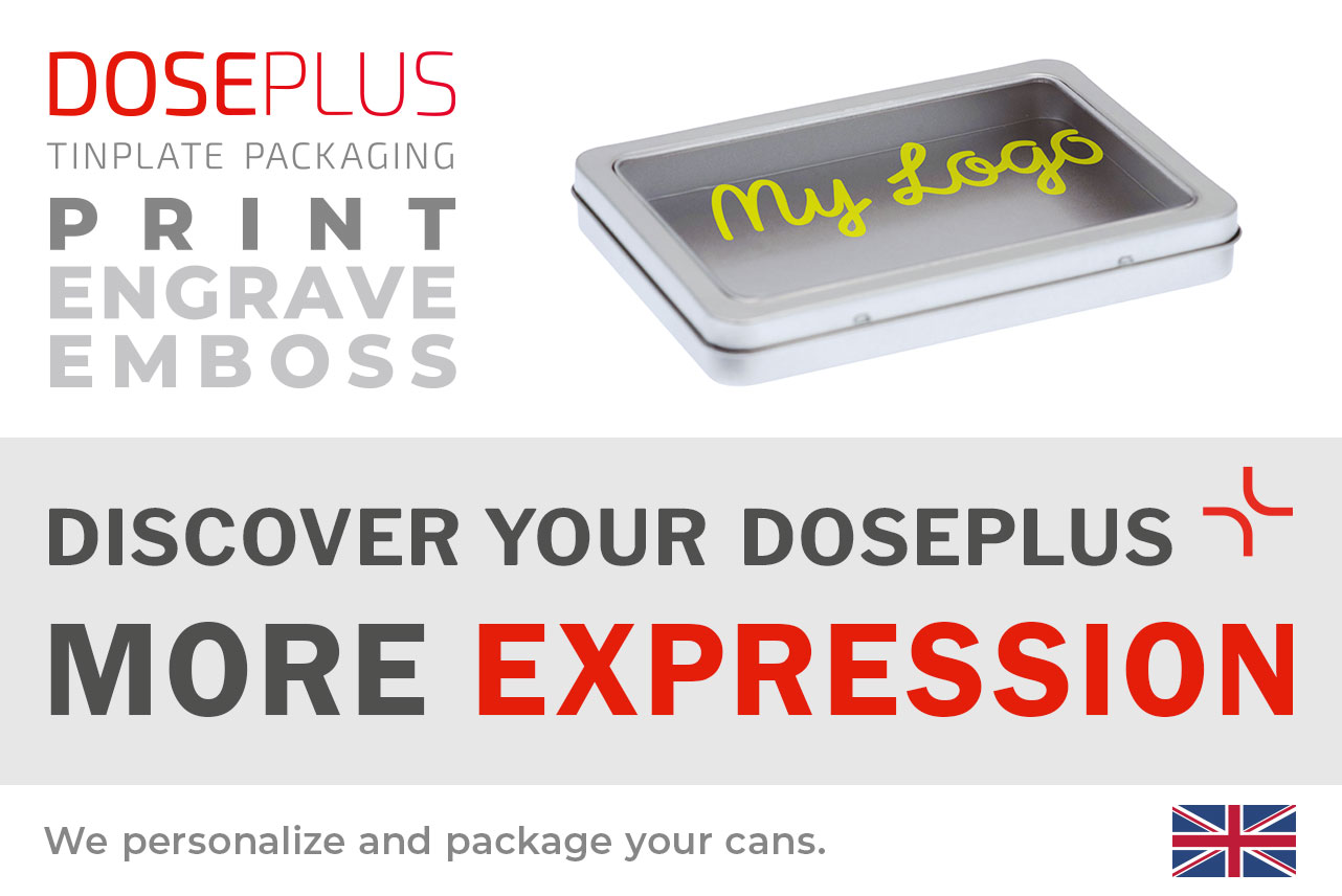 Doseplus DIN A6 Maxi View metal tin with window – banner text: Discover your Doseplus, more expression. Elegant rectangular tin with clear lid for visible contents and custom printing.