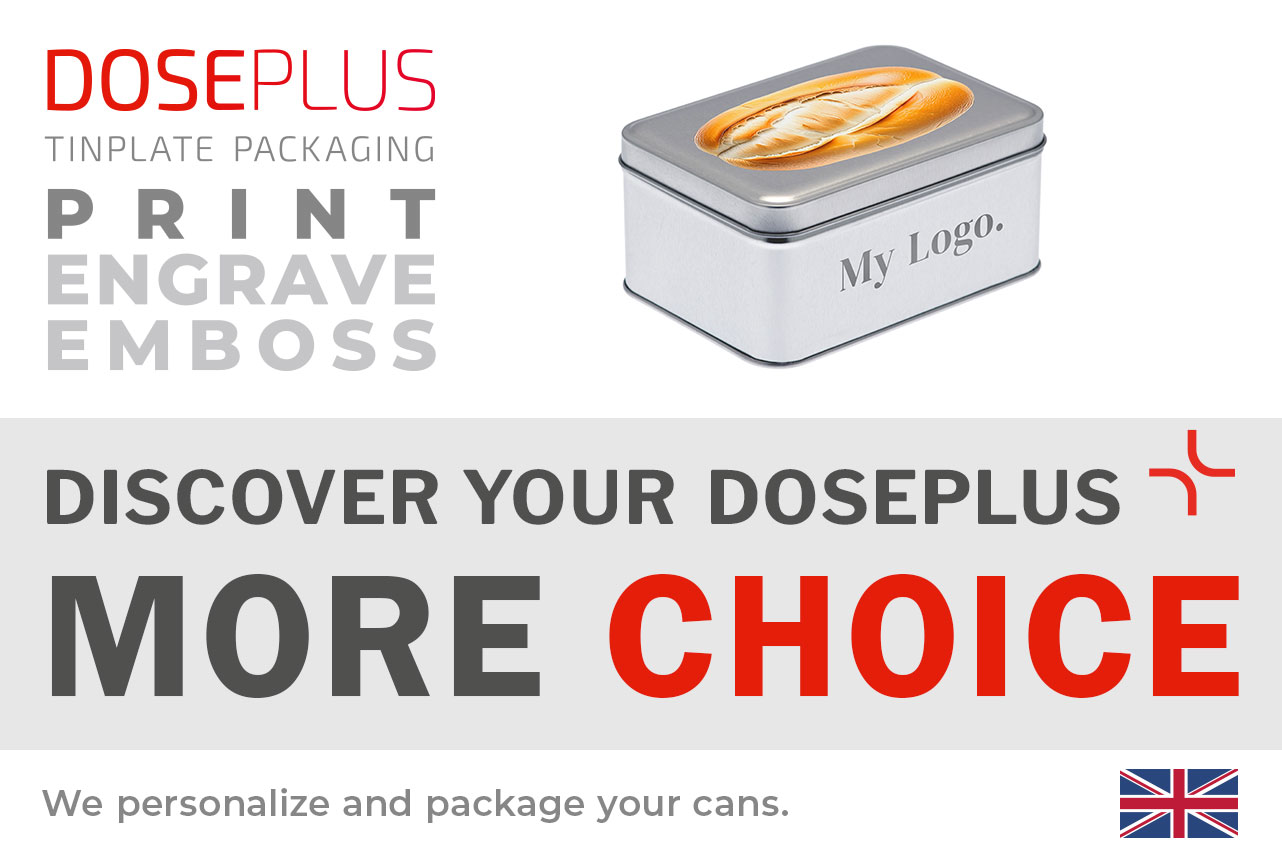 Doseplus tin DSE 125.87 – banner: Discover your Doseplus, more choice. Rectangular metal tin with slip lid for packaging, storage, and gifting.