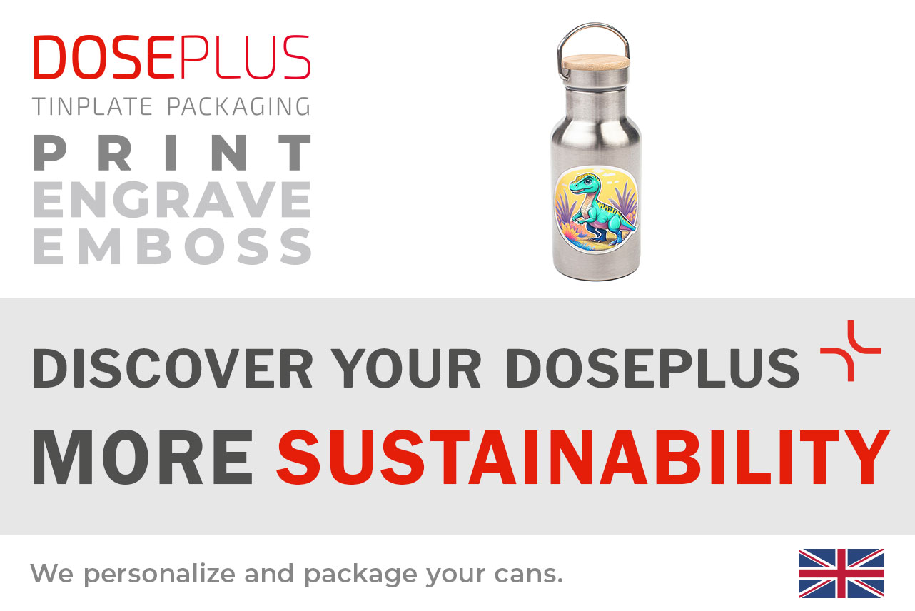 Doseplus stainless steel bottle with branding – banner text: “Discover your Doseplus – more sustainability”. Highlights options for printing, engraving and embossing.