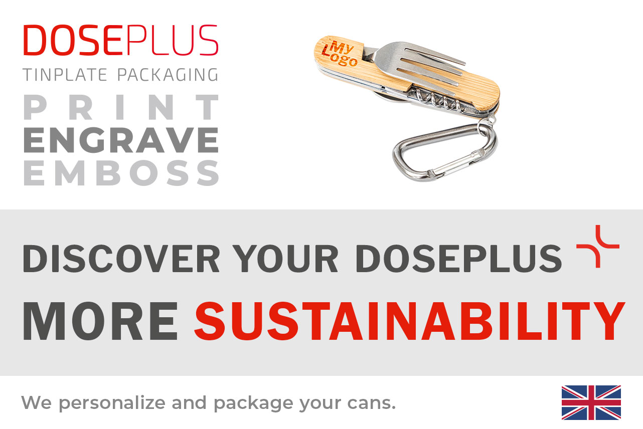 Stainless steel bottle TFL 030 with beechwood lid on a white background; next to it a graphic highlighting Doseplus engraving and printing options; banner text: “Discover your Doseplus – more refinement”.