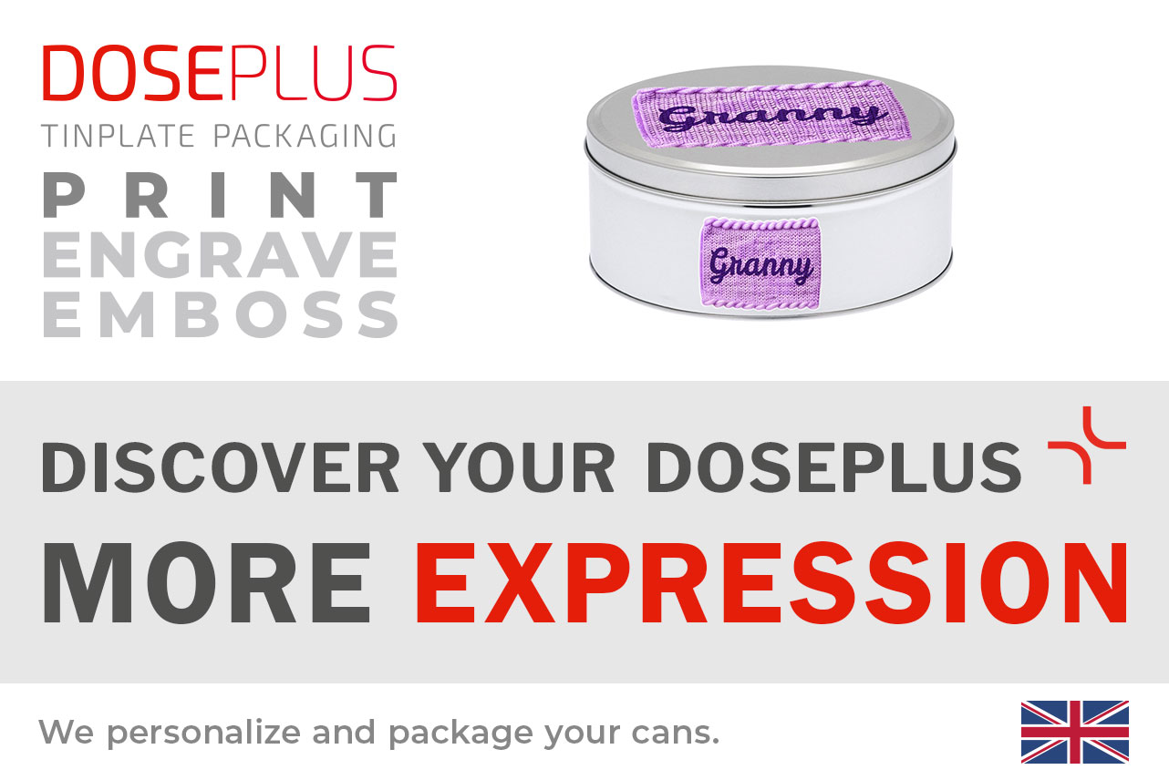 Doseplus round metal tin DSR-055 – banner text: Discover your Doseplus, more expression. Silver round tin ideal for branded gifts and stylish product packaging.