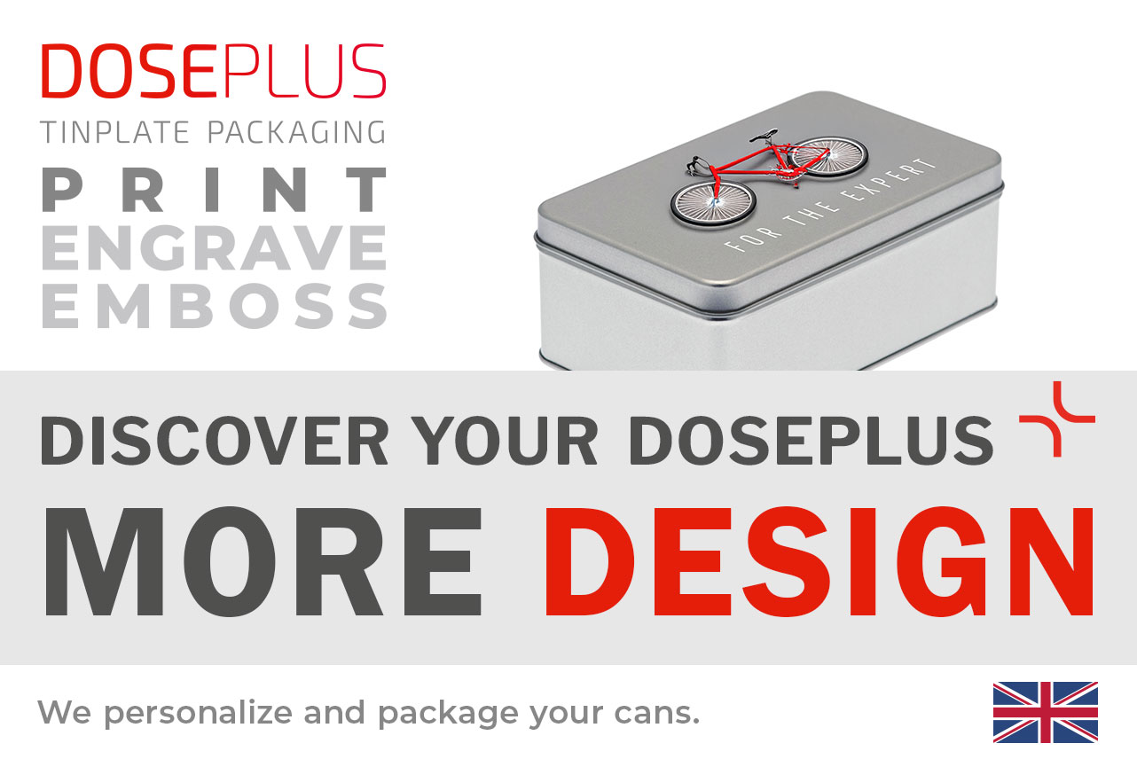 Doseplus silver rectangular metal tin with a red bicycle print and the text “FOR THE EXPERT.” Text: “Emboss, laser, print – Discover your Doseplus, more design.”