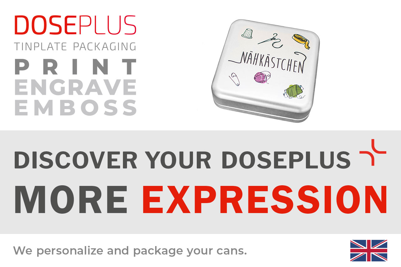 Doseplus square tin box – banner text: Discover your Doseplus, more expression. Personalized metal tins with embossing, engraving, and printing.