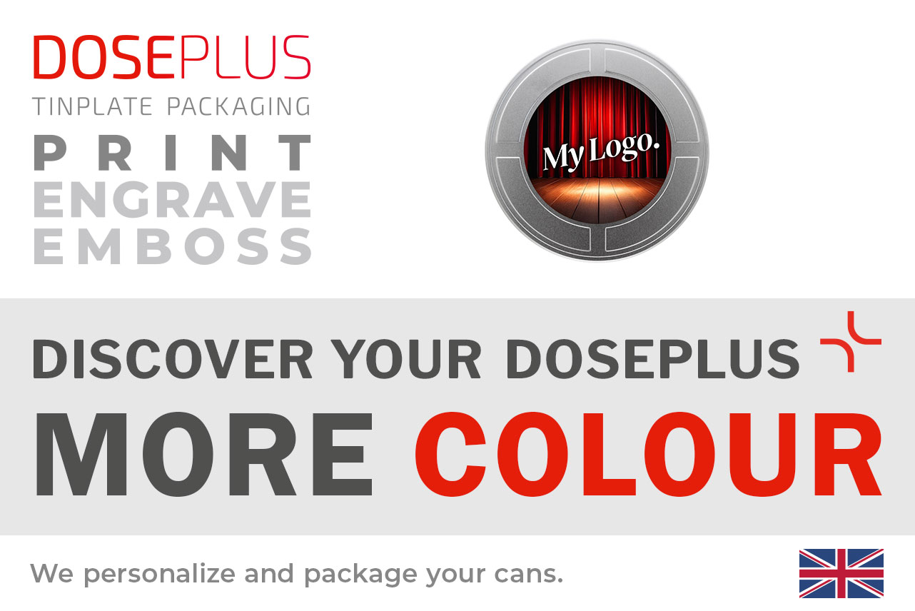 Doseplus FD 010 film tin with winter design; banner featuring the text “Discover your Doseplus – more colour” and highlighting personalization options such as printing, engraving, and embossing.